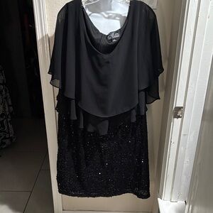 Alex Evenings Black Layered Midi Dress with Sequins 24W